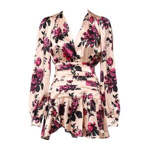 Laneus Pink Floral Silk Long Sleeves V-neck Wrap Mini Women's Dress